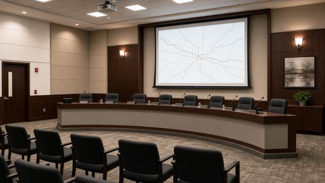 An empty government meeting room with a curved dais, microphones and a projection screen showing a road map.