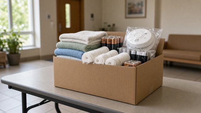 Donation box with towels, bandages, batteries and a smoke detector on a table