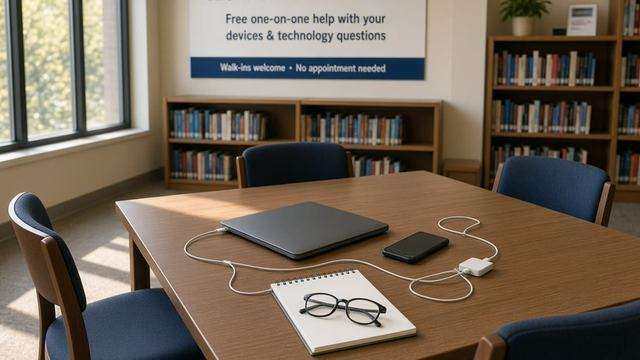 Library table with a closed laptop, face-down phone, and charging cables