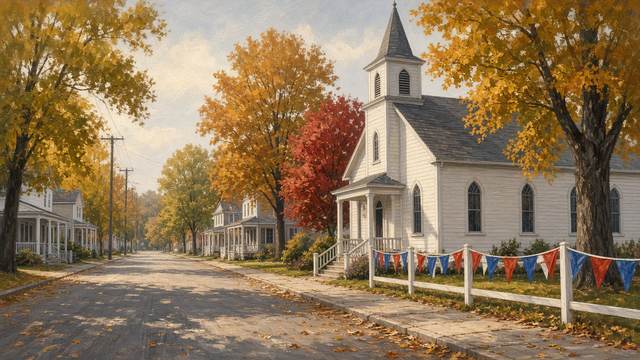 A quiet small-town street in autumn, with a white clapboard church and steeple, red, white and blue pennant bunting on a picket fence, and leaves on the empty road