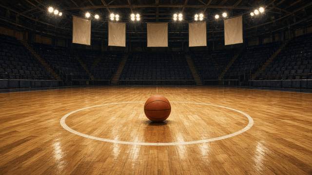 A basketball resting in the center circle of a polished hardwood court in an empty arena, with plain banners hanging under bright lights