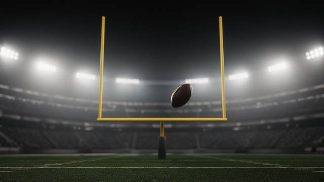 A football in flight between the yellow uprights of a goal post under bright stadium lights at night
