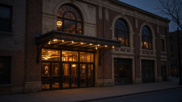 Avalon Theatre facade on Dover Street in Easton at dusk