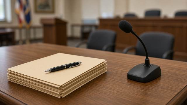 A stack of folders and a pen beside a microphone on a wooden table in a public meeting room.