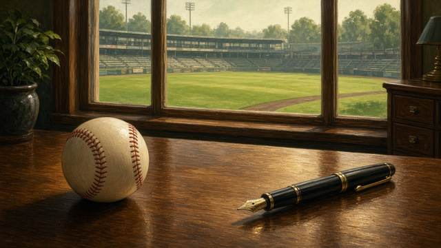 A baseball and a fountain pen on a polished wooden desk, by a window looking out on an empty ballpark