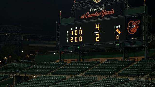 Orioles doubleheader sweep scoreboard at Camden Yards