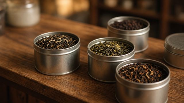 Loose-leaf tea in small tins on a wooden counter