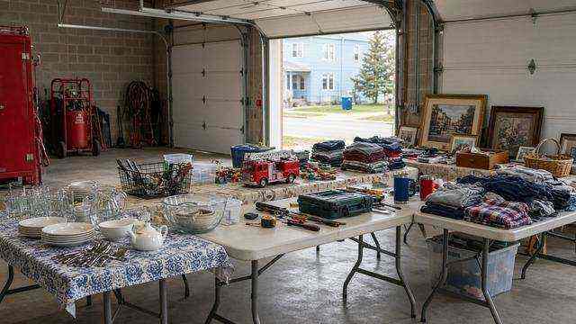 Rummage tables of housewares and clothes in an open firehouse bay