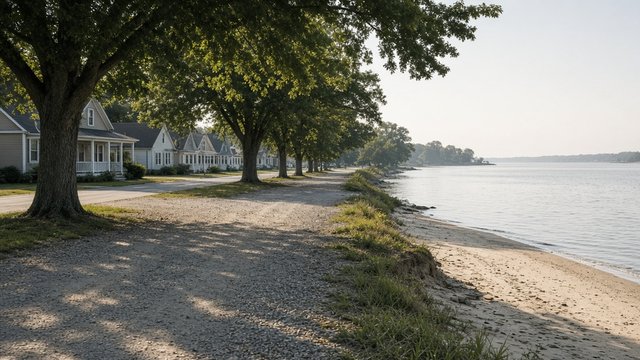 Sandy beach and parking area along the Strand in Oxford, Maryland, beside the Tred Avon River