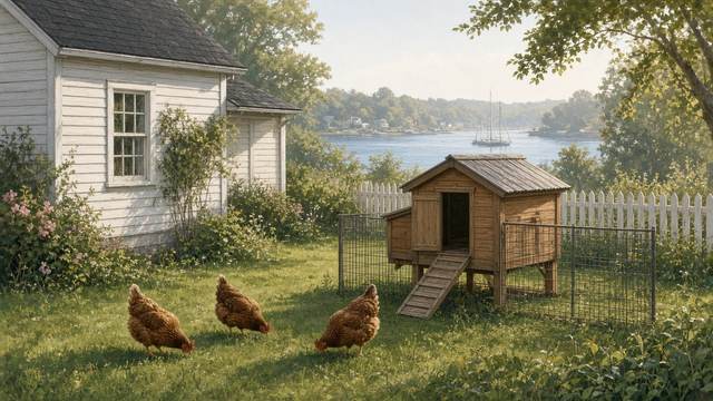 Three brown hens pecking in the grass beside a small wooden coop with a wire run behind a white clapboard cottage, with a river and a sailboat beyond the picket fence
