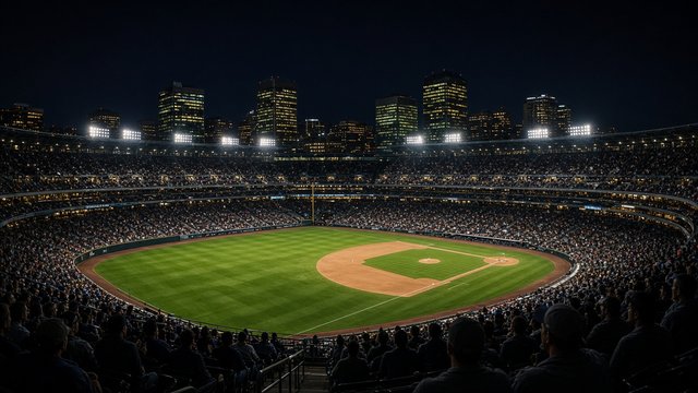 A downtown ballpark at night during a playoff game, seen from high in the outfield seats with the lit field below and city buildings beyond