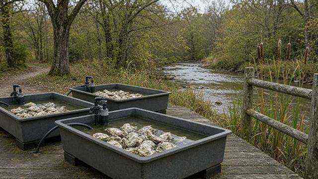 Oyster educational tanks beside a wooded creek trail
