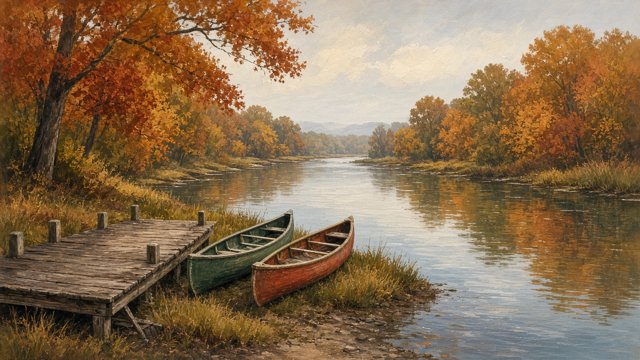 Canoes on a quiet tidal creek lined with autumn trees at dusk