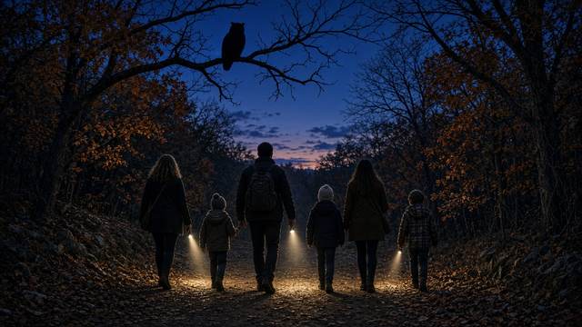 Adults and children with flashlights walking a wooded trail at dusk, an owl perched on a bare branch overhead