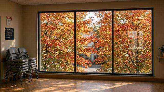Autumn trees outside a community-center window