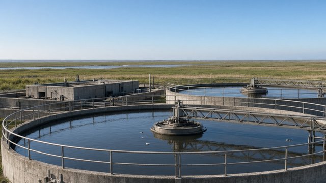 County wastewater treatment tanks under a clear sky on Maryland's Eastern Shore