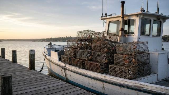 Crab pots stacked on a workboat deck at a dock