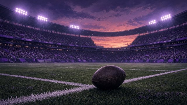 Football on a lit stadium field at dusk with packed stands