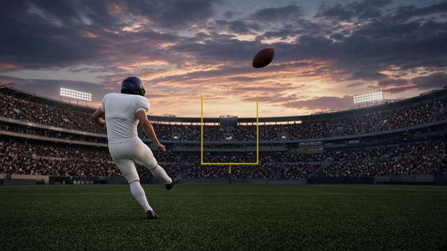 A kicker in a white uniform watching a football sail toward yellow goalposts in a packed stadium at dusk