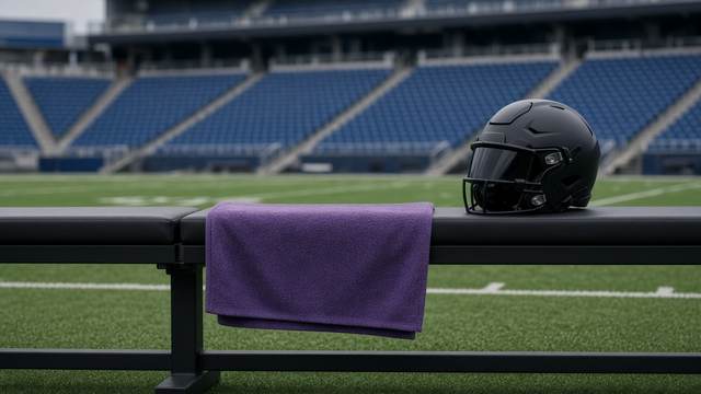 A purple towel and a black football helmet rest on an empty sideline bench in a stadium.