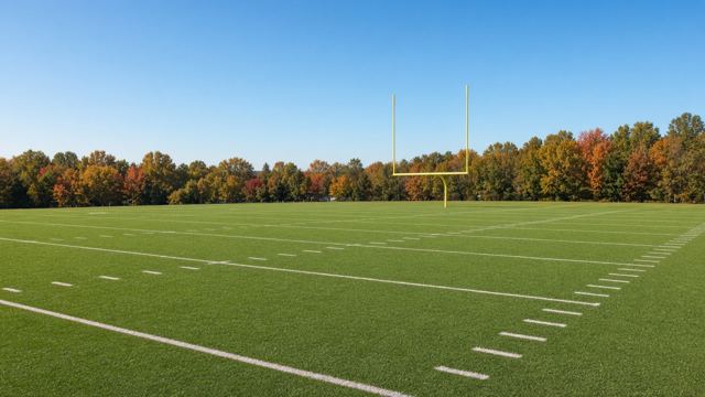An empty football practice field on a clear autumn day.