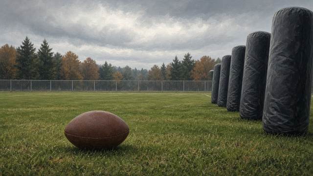 A football resting on the grass of an empty practice field beside a row of black tackling dummies under an overcast autumn sky