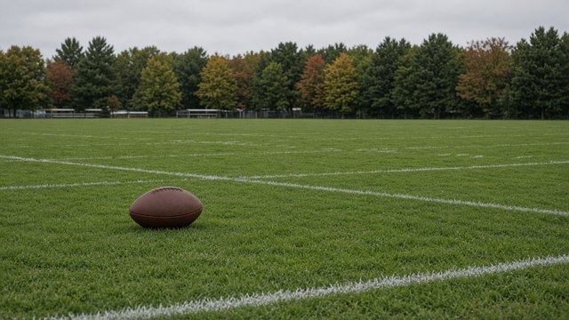 Empty football practice field on an overcast fall day with a football