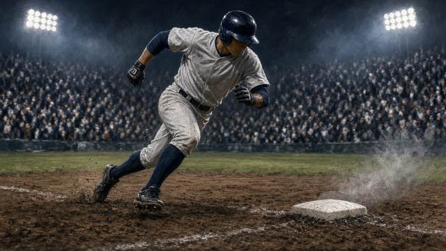 A baseball player in a gray road uniform running the bases under stadium lights at night