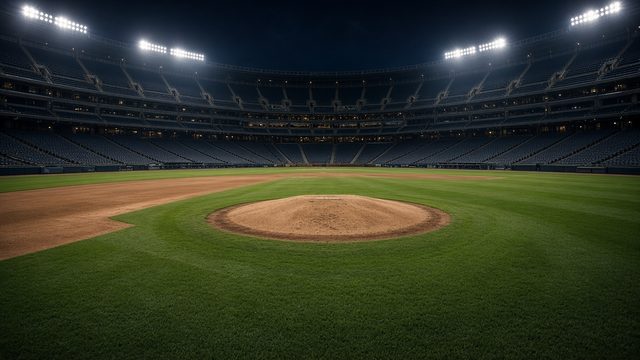 Empty major league ballpark infield under a dome