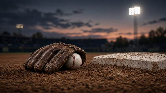 A worn leather baseball glove holding a ball on the infield dirt beside a base, stadium lights glowing in the evening sky
