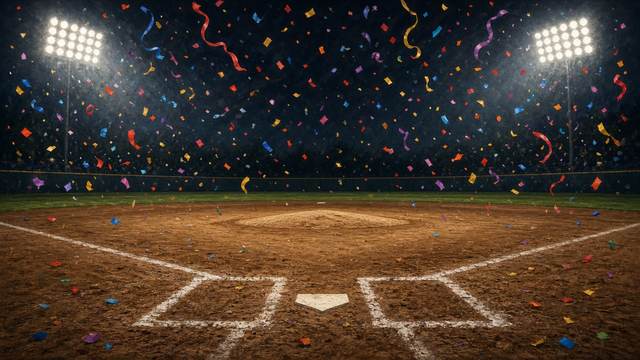 Colorful confetti falls over an empty baseball infield and home plate under stadium lights at night