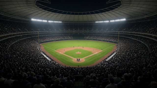 Photorealistic photo of a domed ballpark during a night playoff game, shot from high behind home plate with the infield lit and the crowd in shadow, no signage legible