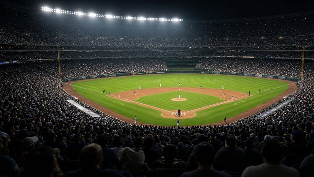 Photorealistic photo of a large open-air ballpark at night during a playoff game, seen from high behind home plate with the infield brightly lit and the crowd in shadow, no signage legible