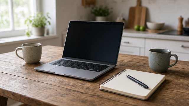 Laptop open on a kitchen table beside a notebook and two mugs, no screen text visible