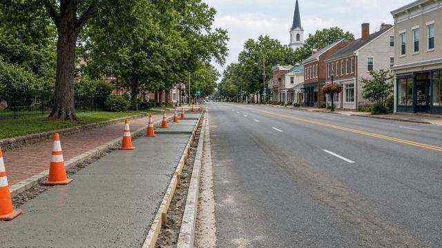 Route 50 sidewalk work with cones in Easton