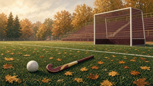 Field hockey stick and ball on an empty pitch with autumn leaves
