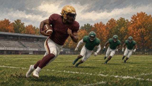 A football player in maroon carrying the ball upfield ahead of three defenders in green on a cloudy fall day