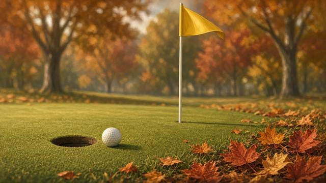 A golf ball a few inches from the cup on a putting green, with a yellow flag, fallen autumn leaves and fall-colored trees behind