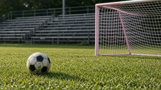 A soccer ball on the grass in front of a goal with pink-trimmed netting, empty bleachers behind