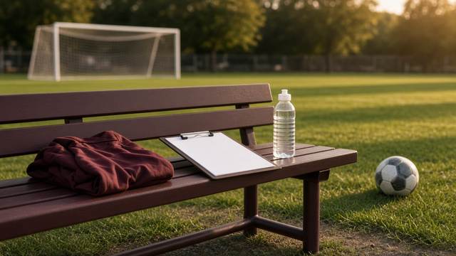 An empty wooden team bench beside a soccer field in late-afternoon light, holding a folded maroon jacket, a clipboard and a water bottle, with a ball on the grass and a goal behind