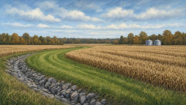 A grassed waterway curving between harvested grain fields beside a rock-lined channel, with a tree line and two metal grain bins under an autumn sky