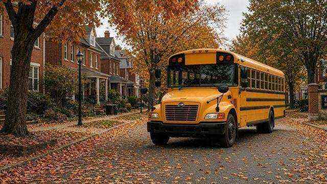 Yellow school bus on an autumn Easton street