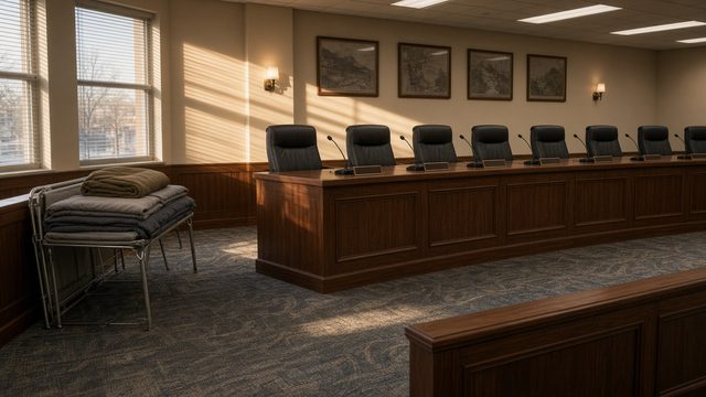 Empty meeting room with a long table and folding chairs in a county building