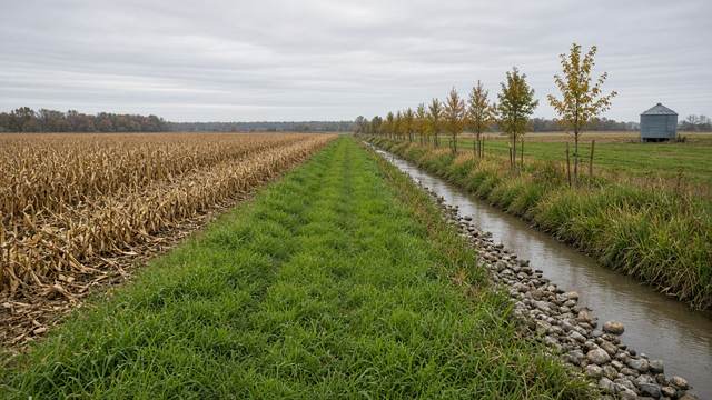 A grassy buffer strip between a harvested cornfield and a stone-lined drainage ditch, with a row of young trees and a metal grain bin under an overcast sky