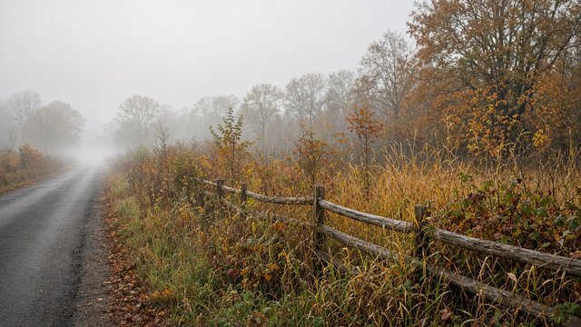 Brushy field edge along a Mid-Shore road under autumn sky