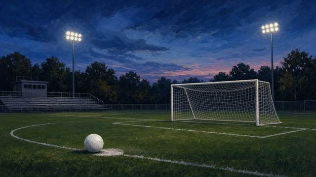 A soccer ball on the penalty spot of a high school field at dusk, facing an empty goal under stadium lights, with bleachers and trees behind