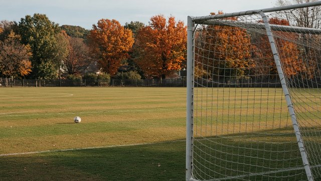 Empty high school soccer field with goal and nets at dusk