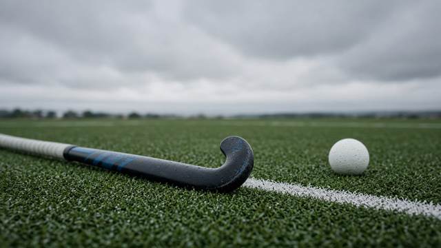 A field hockey stick and white ball rest on wet green turf beside a painted line under a gray sky.