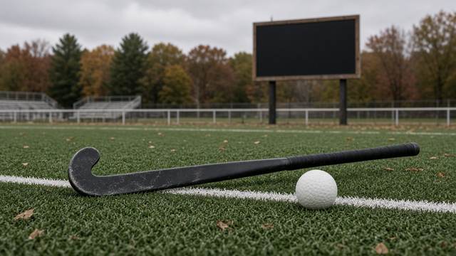 A field hockey stick and ball on a turf sideline, with a blank board and autumn trees behind on a gray day