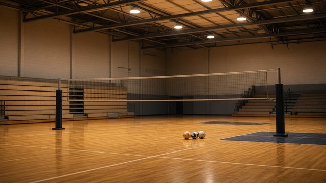 Empty high school gym with a volleyball net set up